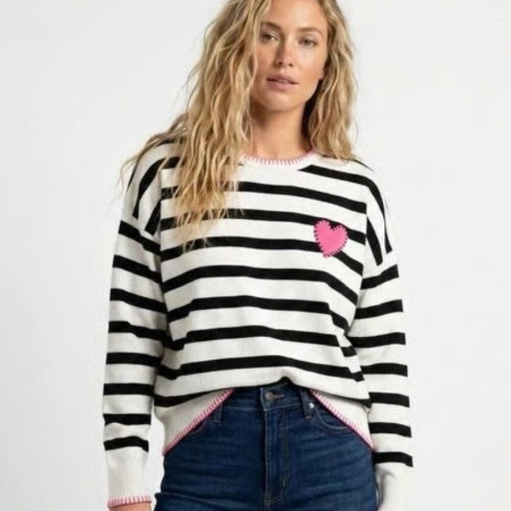 Kerri Rosenthal XOKR Sweater Womens Large White Black Striped Heart Whimsy